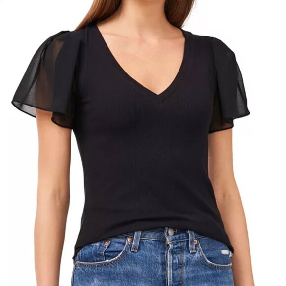 1.STATE Women's Flutter Short Sleeve V-Neck Knit Top - Picture 1 of 10